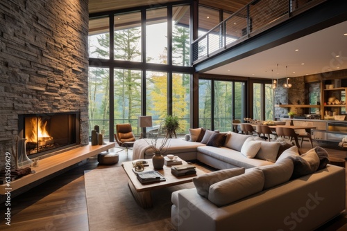 Modern living room with stone fireplace, open layout, and hardwood floors. © 2rogan