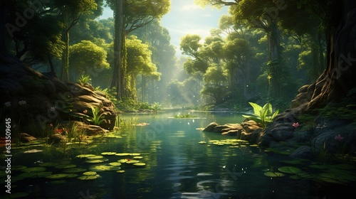 Fotografia a painting of a river surrounded by trees and water lillies