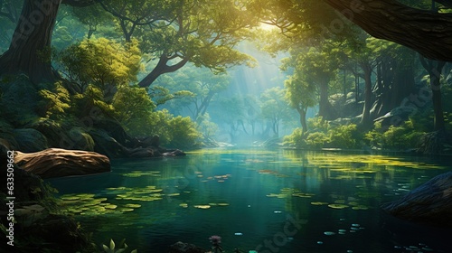  a painting of a river surrounded by trees and water lillies. generative ai