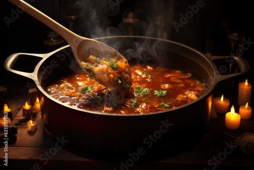 simmering soup with wooden spoon stirring