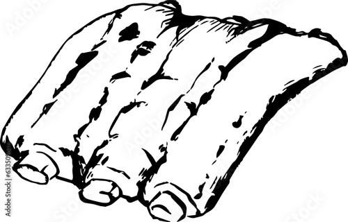 Vector delicious grilled meat pork ribs in BBQ sauce. Hand-drawn illustration isolated on white background close-up. Perfect for menu cafe, restaurant, recipe book, cooking, barbecue