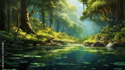  a painting of a river in the middle of a forest.  generative ai © Anna