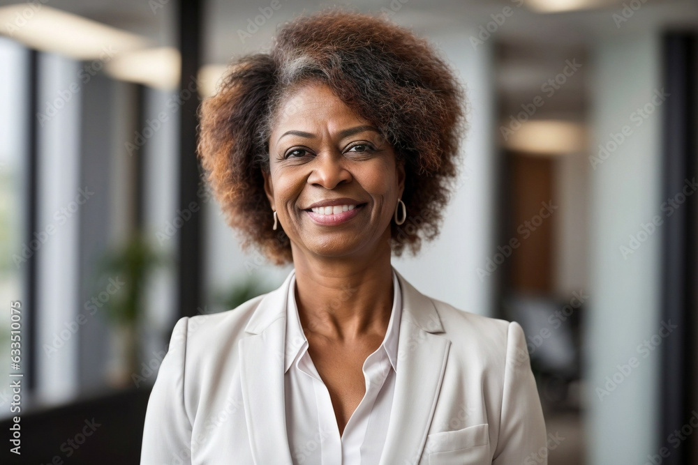 a closeup photo portrait of happy middle aged business afro woman ceo standing in office. Image created using artificial intelligence. a closeup photo portrait of happy middle aged business afro woman ceo standing in office. Image created using artificial intelligence.