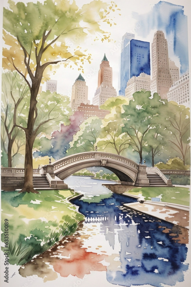 Beautiful image of Central Park in New York in watercolor technique. Image created using artificial intelligence.