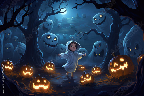 Little girl in the middle of a forest surrounded by pumpkins and ghosts © gridspot