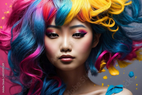 Stunning creative portrait of Asian woman with bright cmyk hair and makeup. Asia. Art. Design. Image created using artificial intelligence.