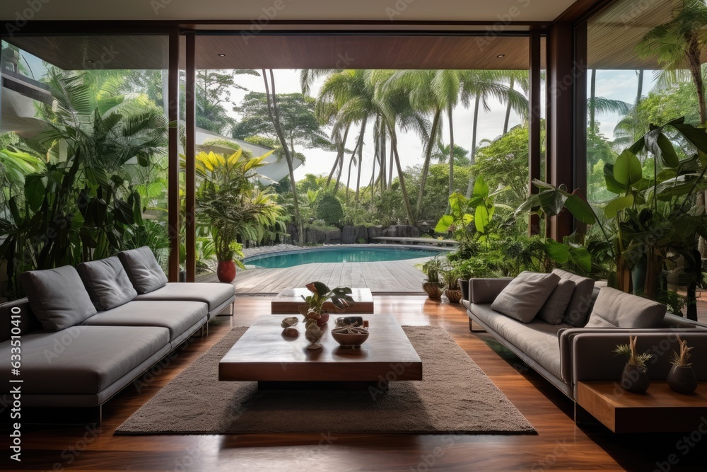 Modern living room with a tropical garden view, featuring wooden floors, a gray fabric sofa, and a wooden terrace overlooking a green garden.