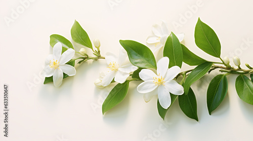 Jasmine flowers with green leaves on white background, top view © Anna
