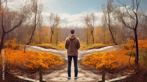A young man stands at the crossroads of two roads in the autumn time. Concept of choice.