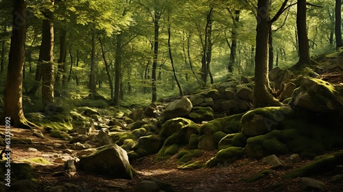  a forest filled with lots of green trees and lots of rocks. generative ai