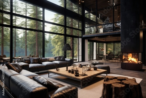 The luxurious country house features a chic and modern design for its lavish dark interior. The opulent space is adorned with large panoramic windows that offer breathtaking views of a divine forest.