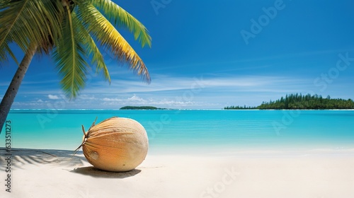  a coconut sitting on a sandy beach under a palm tree. generative ai