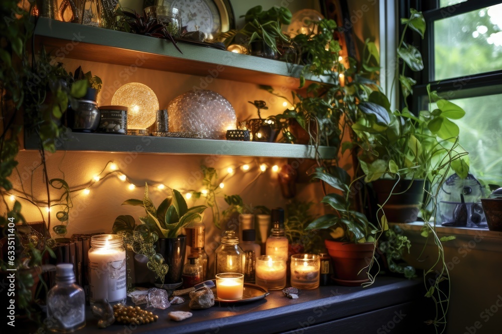 nighttime skincare shelf with fairy lights and plants nighttime skincare shelf with fairy lights and plants