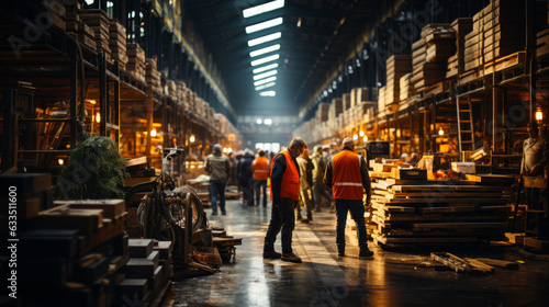 Warehouse full of workers in a warehouse in the sity. Group of people walking through a warehouse