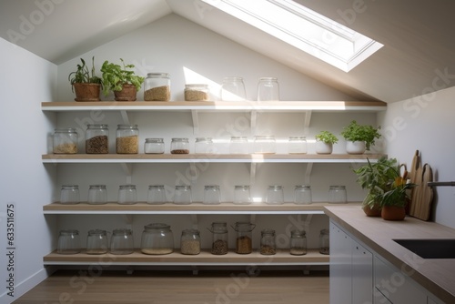 natural lighting illuminating a clean, minimalist pantry