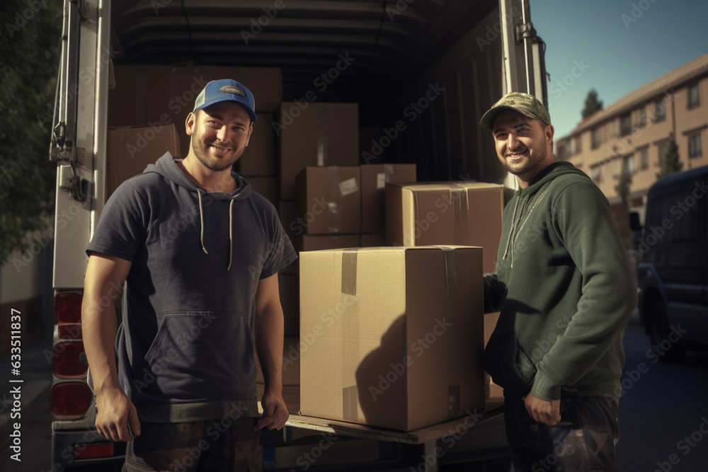 Moving service Workers outdoor, near van with a cardboard boxes. AI generated Moving service Workers outdoor, near van with a cardboard boxes. AI generated