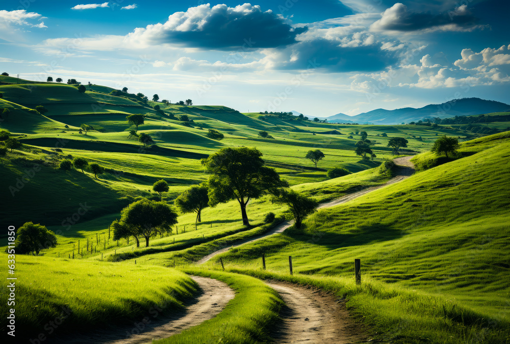 Scenic dirt road winding through a vibrant green field. Pathway through the grassy landscape