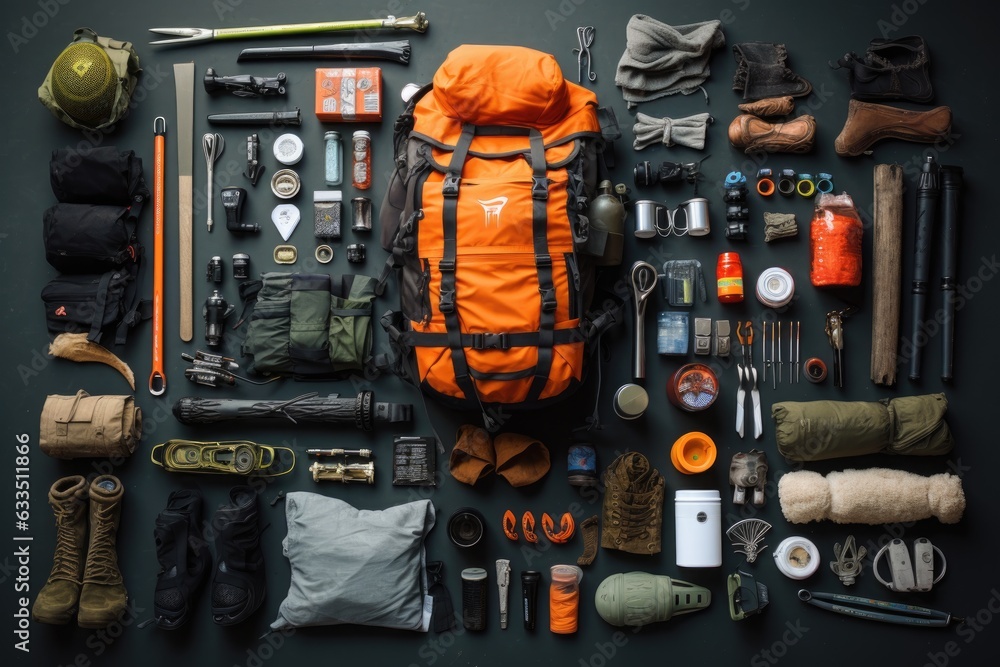 arrangement of essential survival gear items