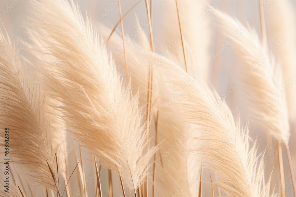 Abstract natural background of soft plants Cortaderia selloana. Pampas grass on a blurry bokeh, Dry reeds boho style. Fluffy stems of tall grass. ai generative - obrazy, fototapety, plakaty 