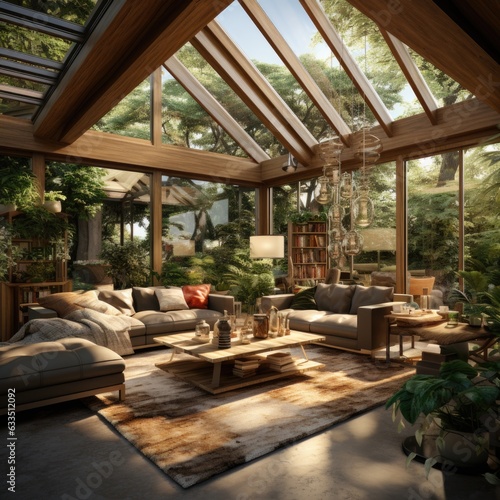 Garden Sanctuary: Room with Wooden Bi-Fold Doors and Contemporary Furnishings. Generative AI © Ivy