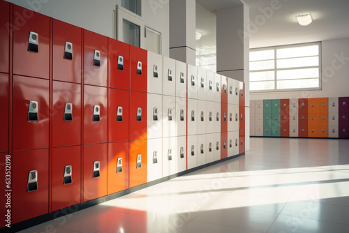 School hallway with modern lockers. Concept of studying and getting knowledge. Generative AI