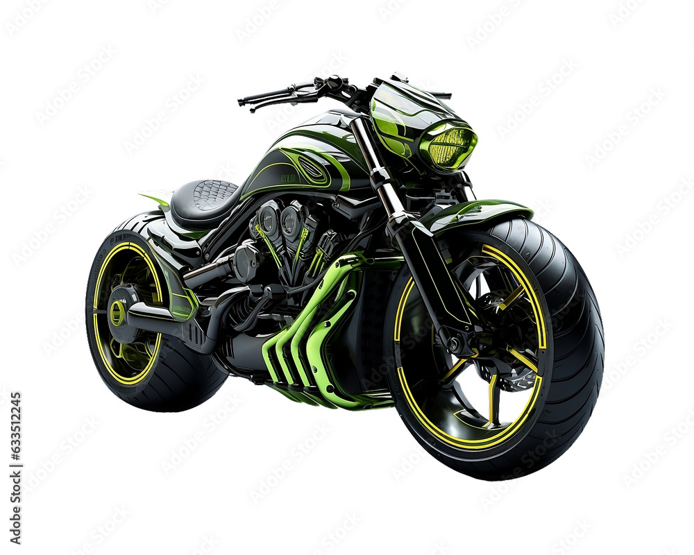 Futuristic black and lime green sports motorcycle on isolated clear background, ready for object and retouch design. Generative AI