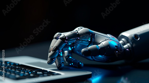 Robot hands point to laptop button advisor chatbot robotic artificial intelligence concept.