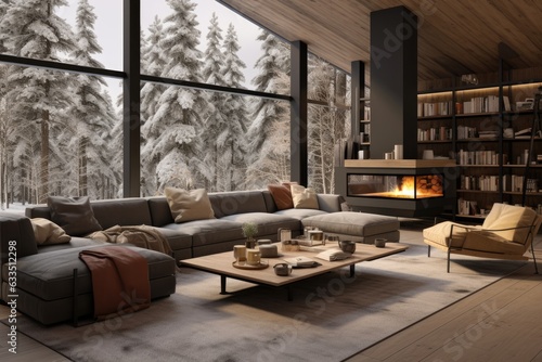 A chic country chalet with a large window offering a panoramic view of the winter forest embodies a cozy and warm interior. The layout is open  adorned with wooden elements and exudes a sense of
