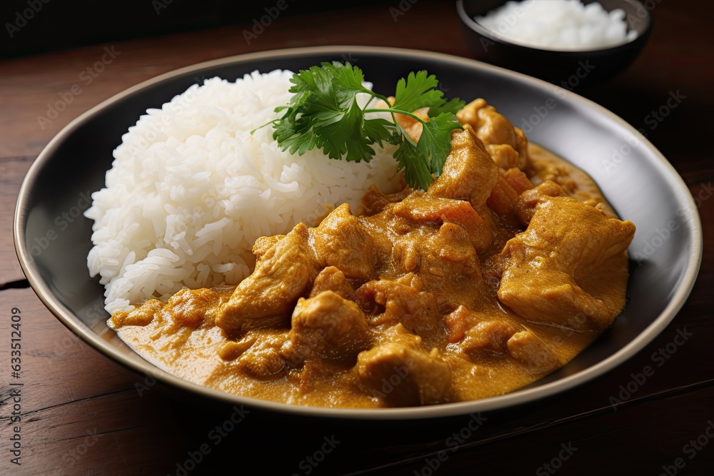 A plate of Indian chicken curry with rice. Generative ai. A plate of Indian chicken curry with rice. Generative ai.
