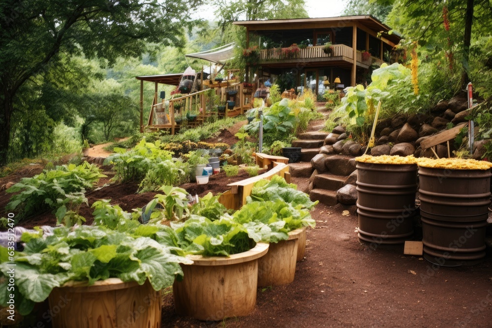 composting station in a permaculture garden setting