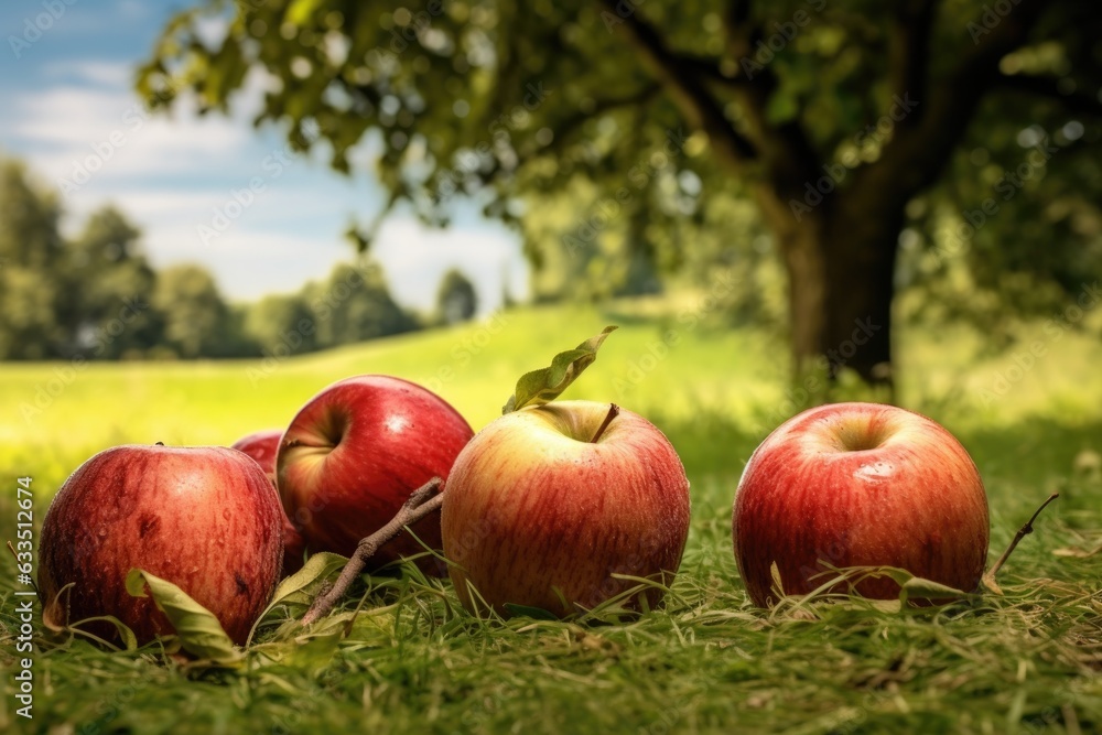 fallen apples on the grass with trees in background fallen apples on the grass with trees in background
