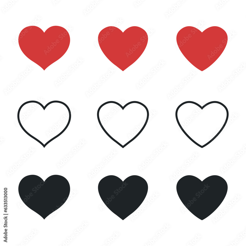 Hearts flat icons. Live stream video, chat, likes. Social nets like red heart web buttons isolated on white background. Hearts flat icons. Live stream video, chat, likes. Social nets like red heart web buttons isolated on white background.