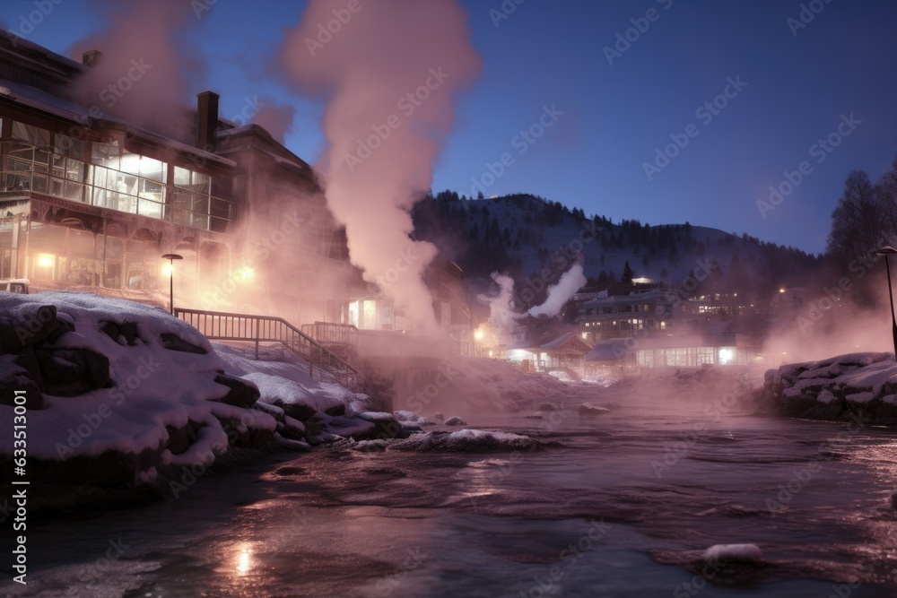 steam rising from a geothermal hot spring during winter