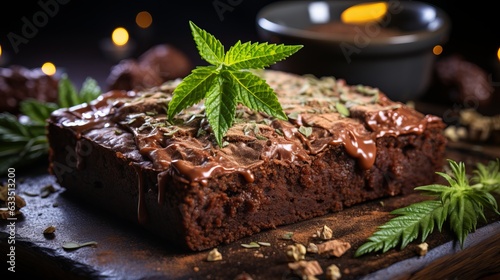 
Brownie with hemp. Marijuana cake, sweet food with cannabis, addiction and legalization of soft drugs. Unusual coffeeshop dessert