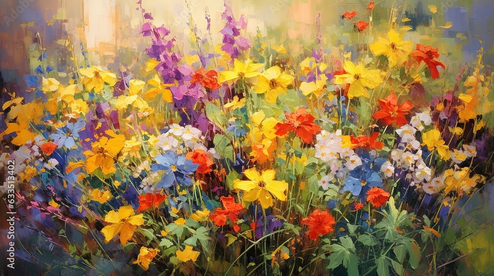  a painting of colorful flowers in a field of grass and flowers.  generative ai