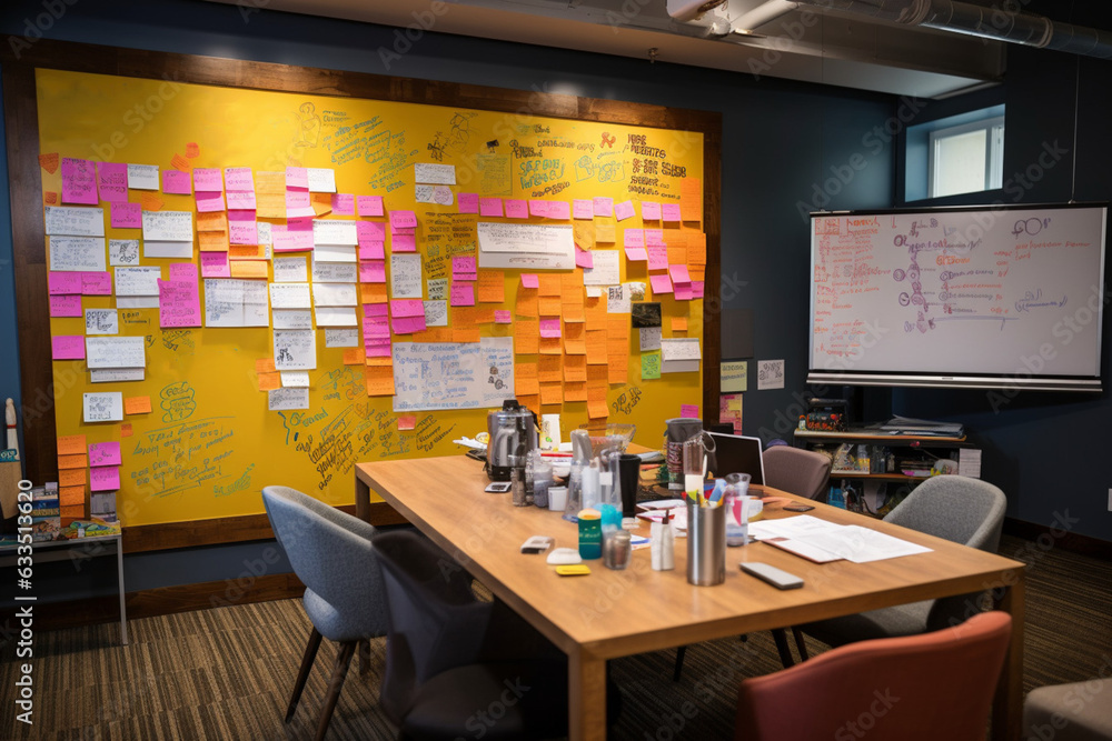 Modern creative office with a whiteboard with post - it notes and sketches in the background. AI generated