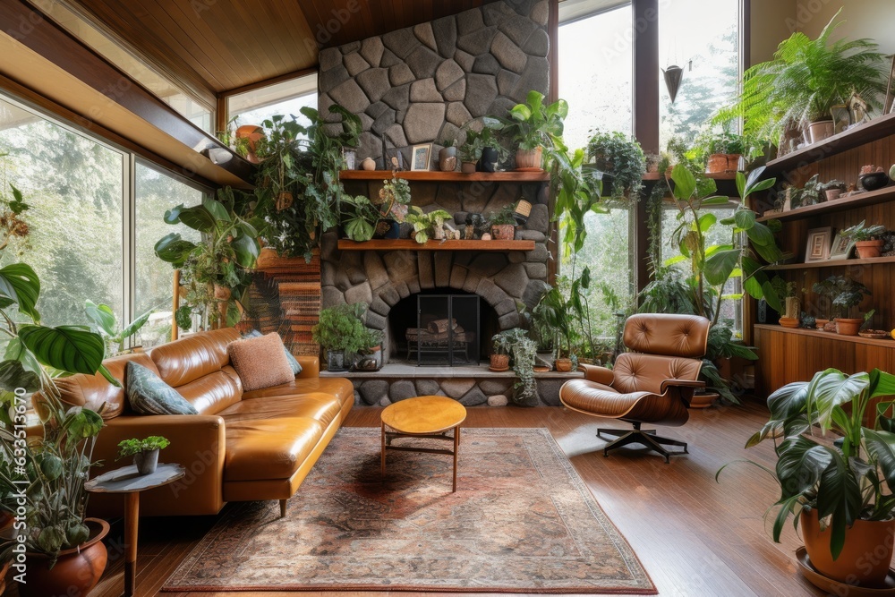 The cozy living room is adorned with an armchair, houseplants, and a vintage carpet. The cozy living room is adorned with an armchair, houseplants, and a vintage carpet.