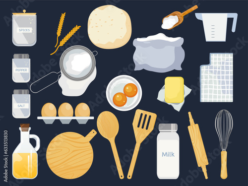 Vector material illustration set bakery equipment bread kitchen utensils cute cartoon dark background.