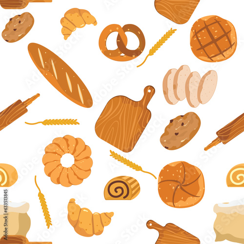 Seamless pattern of confectionery, bakery, and equipment. Wooden chopping board, kneading board, creative texture for packaging, textiles, and wallpaper. White background cute vector illustration.