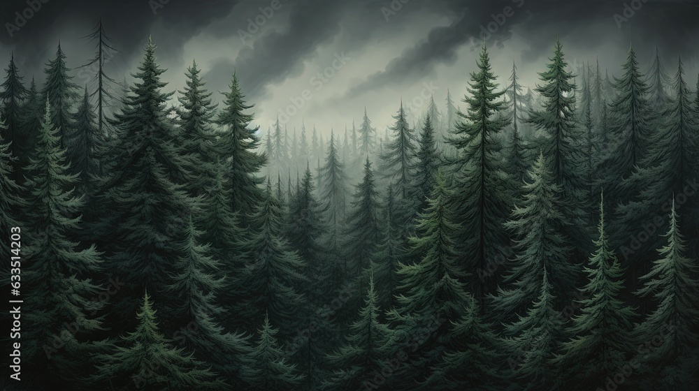 a painting of a forest with trees and a dark sky. generative ai a painting of a forest with trees and a dark sky. generative ai