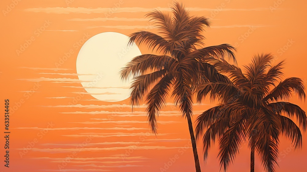  a painting of a sunset with palm trees and a boat in the water.  generative ai
