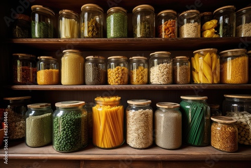 glass jars filled with grains and pasta on a shelf