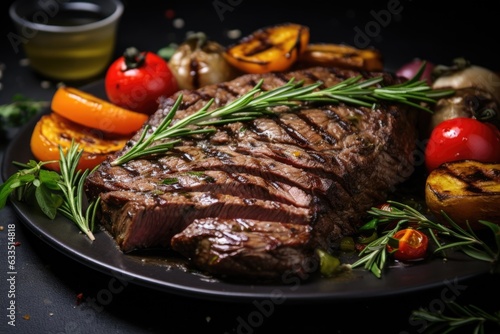 Fried beef steak with grilled vegetables served on a black plate