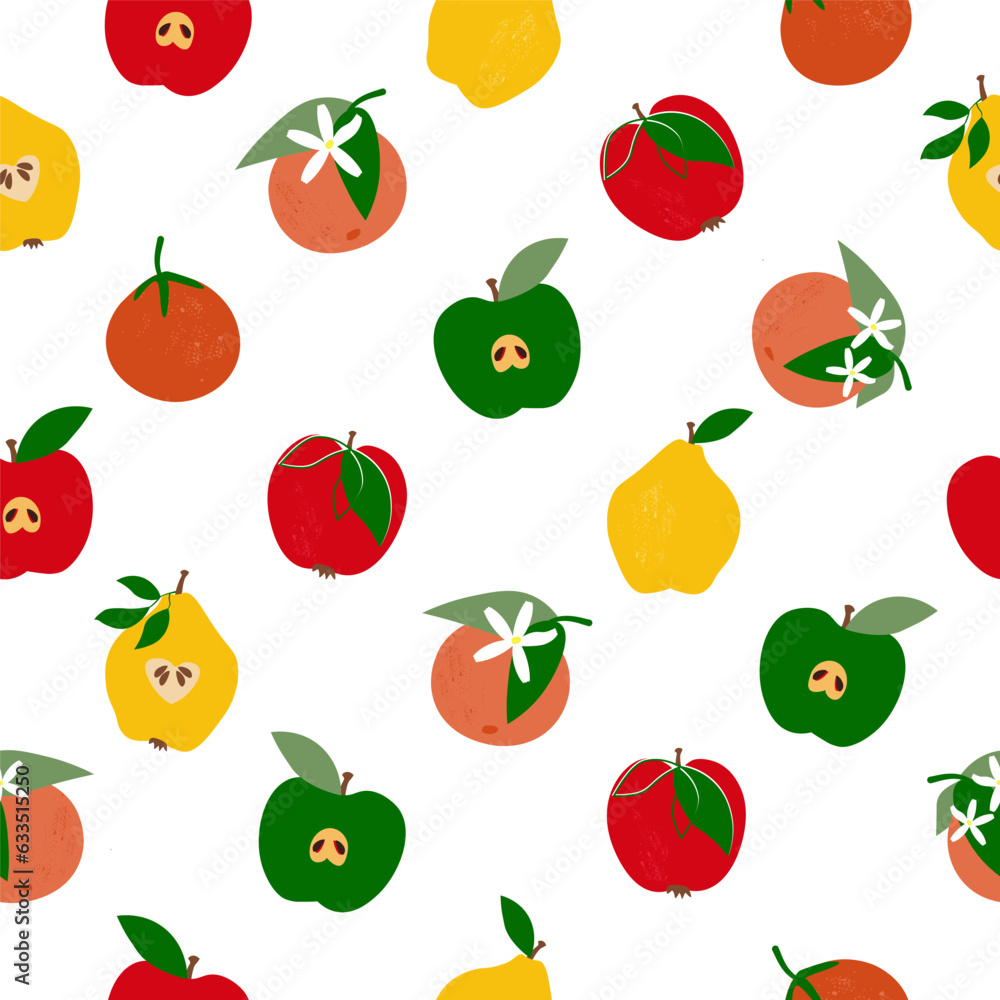 Seamless pattern with different summer fruits. Print with apples, citrus fruits, pears and oranges. Vector graphics. Seamless pattern with different summer fruits. Print with apples, citrus fruits, pears and oranges. Vector graphics.