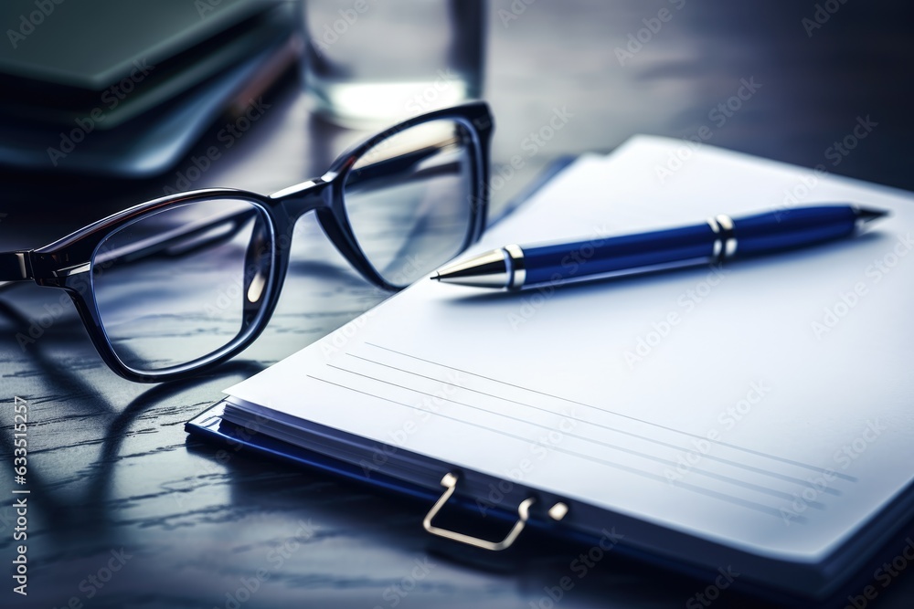 glasses lying on the office table with a notepad glasses lying on the office table with a notepad