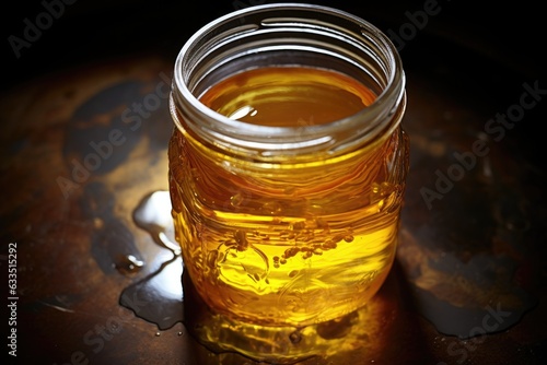 close-up of used cooking oil in a glass jar