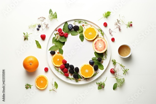 white plate with healthy food, fruits and berries on a white background, top view, free space. ai generative