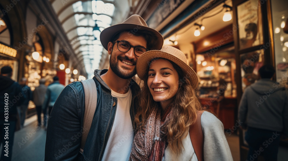 Travel couple with a smile making selfie portrait with smartphone
