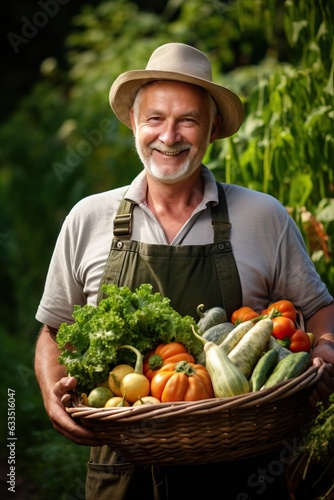 Smiling farmer holding a basket with autumn harvest