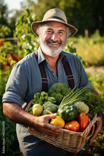 Smiling farmer holding a basket with autumn harvest